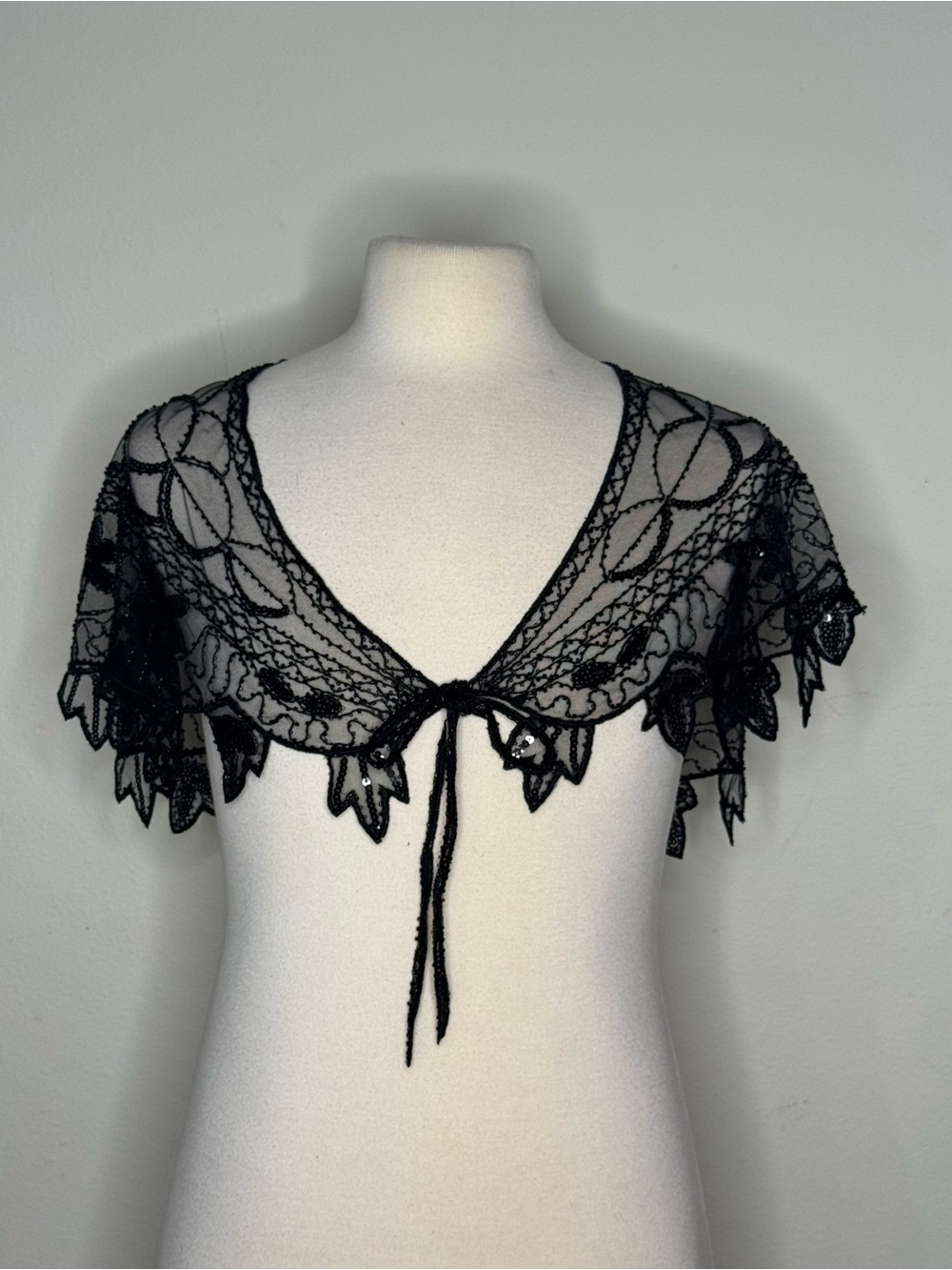 flapper capelet shawl black sheer lace embroidered mesh pattern delicate sequins
